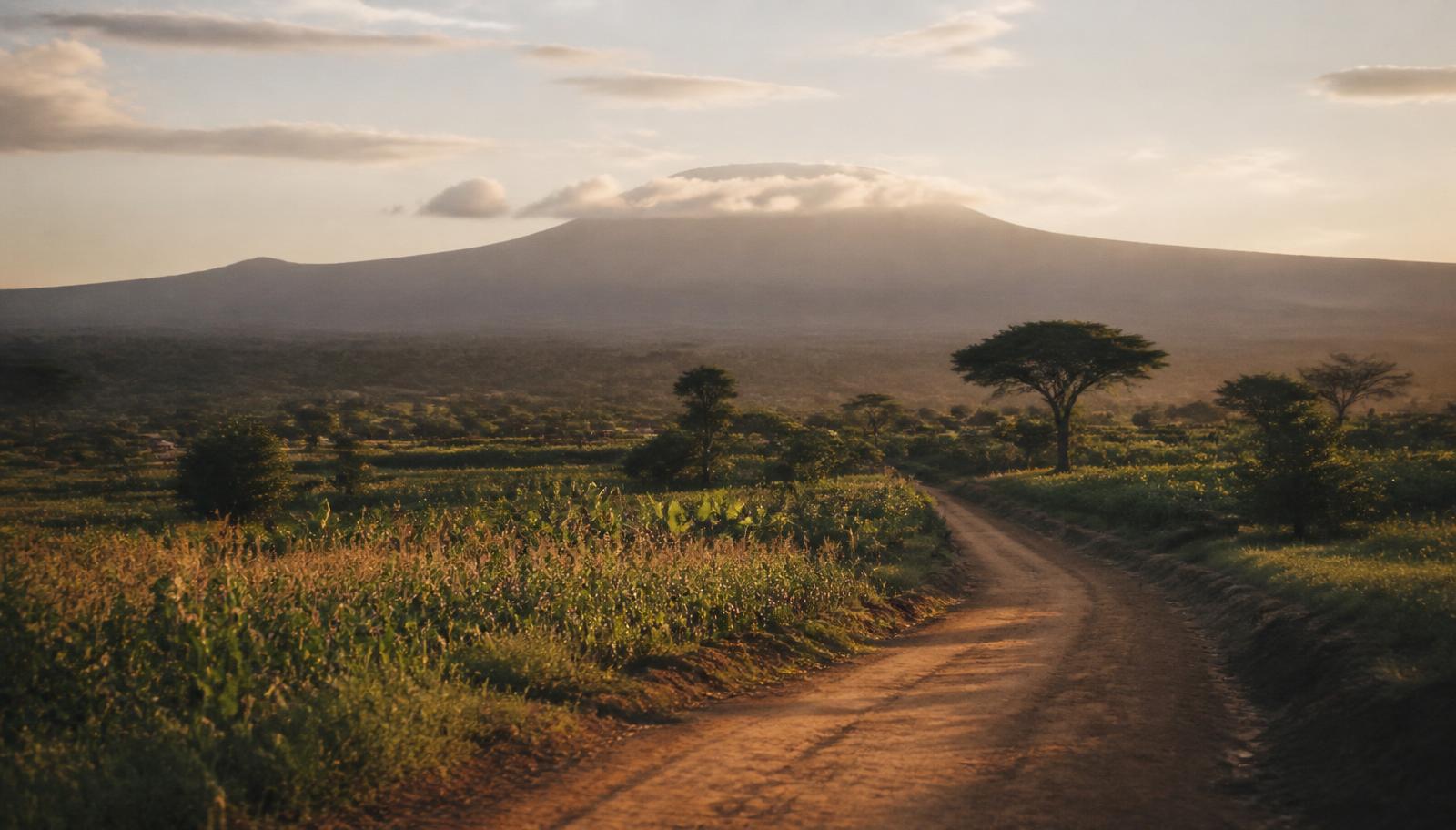 Smallholder farms and acacia trees on the Kilimanjaro plains at golden hour, with Mount Kilimanjaro on the horizon.
