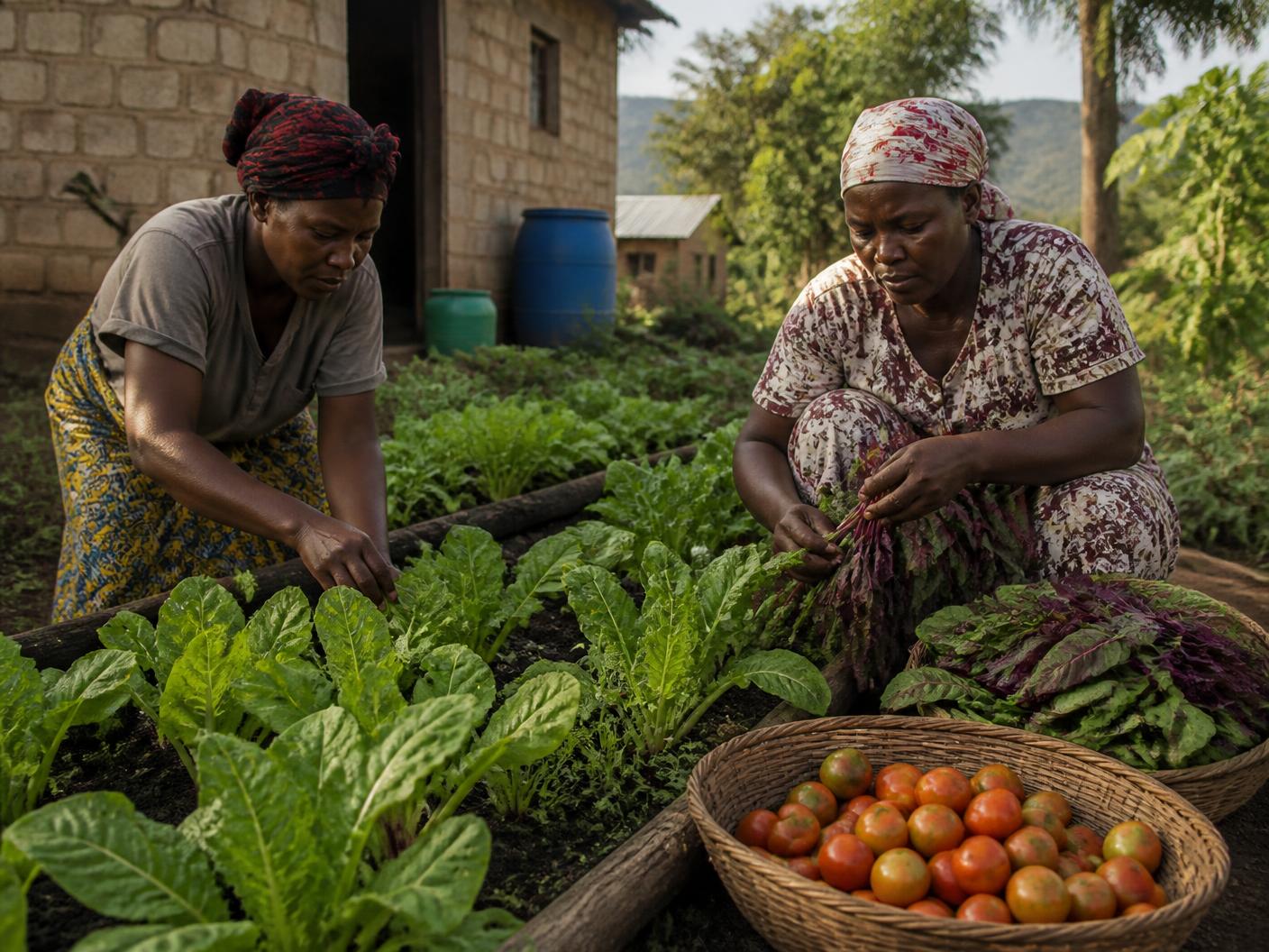 Two women tending leafy greens in a raised-bed kitchen garden beside a home, with a basket of tomatoes nearby.